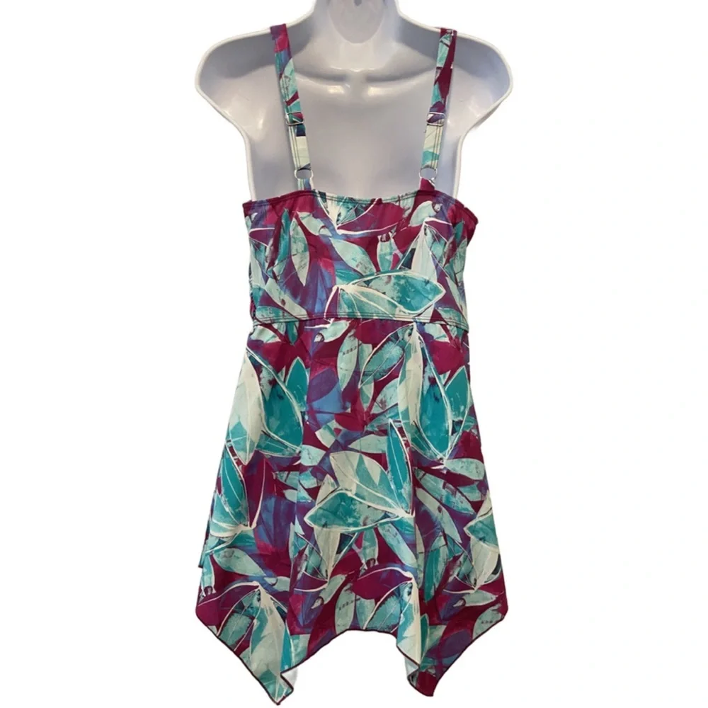 Denim & Co. Beach V Neck Handkerchief Hem Swim Dress Aqua Abstract Palm 10 New - Picture 5 of 15